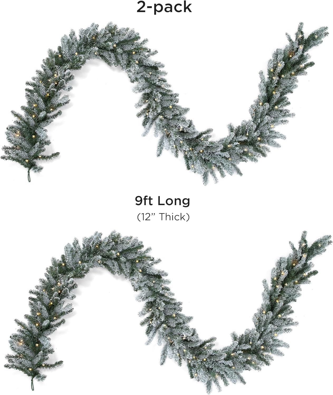 Condition photo showing New/Like New for papyrus 2 pack of 9 ft pre-lit frosted blue spruce garland, artificial, warm white light, battery powered, indoor/outdoor 9 ft frosted