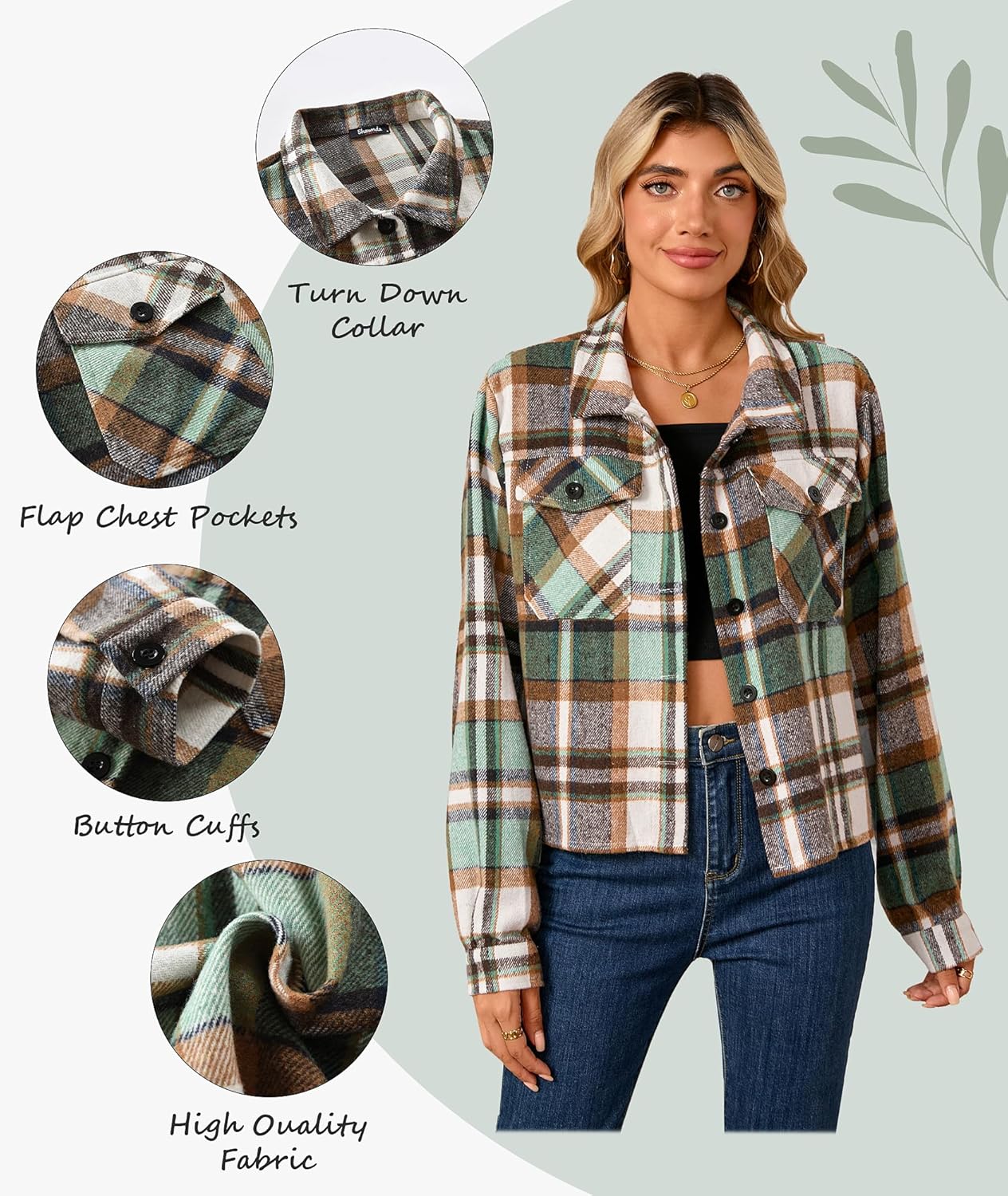 Shawnda Women's Flannel Shacket Cropped Jacket Fashion Plaid Button Down Shirt Jacket Tops - Image 7