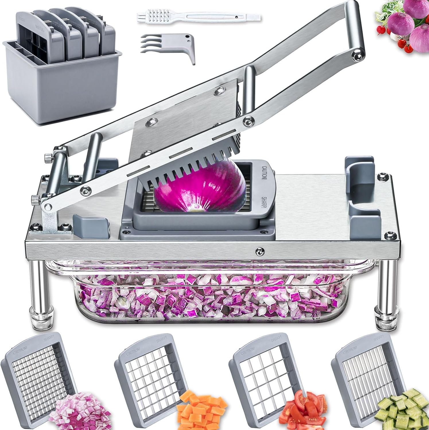 2 Replacement Medium Blades And Stainless Steel Vegetable Chopper With 8 Blades