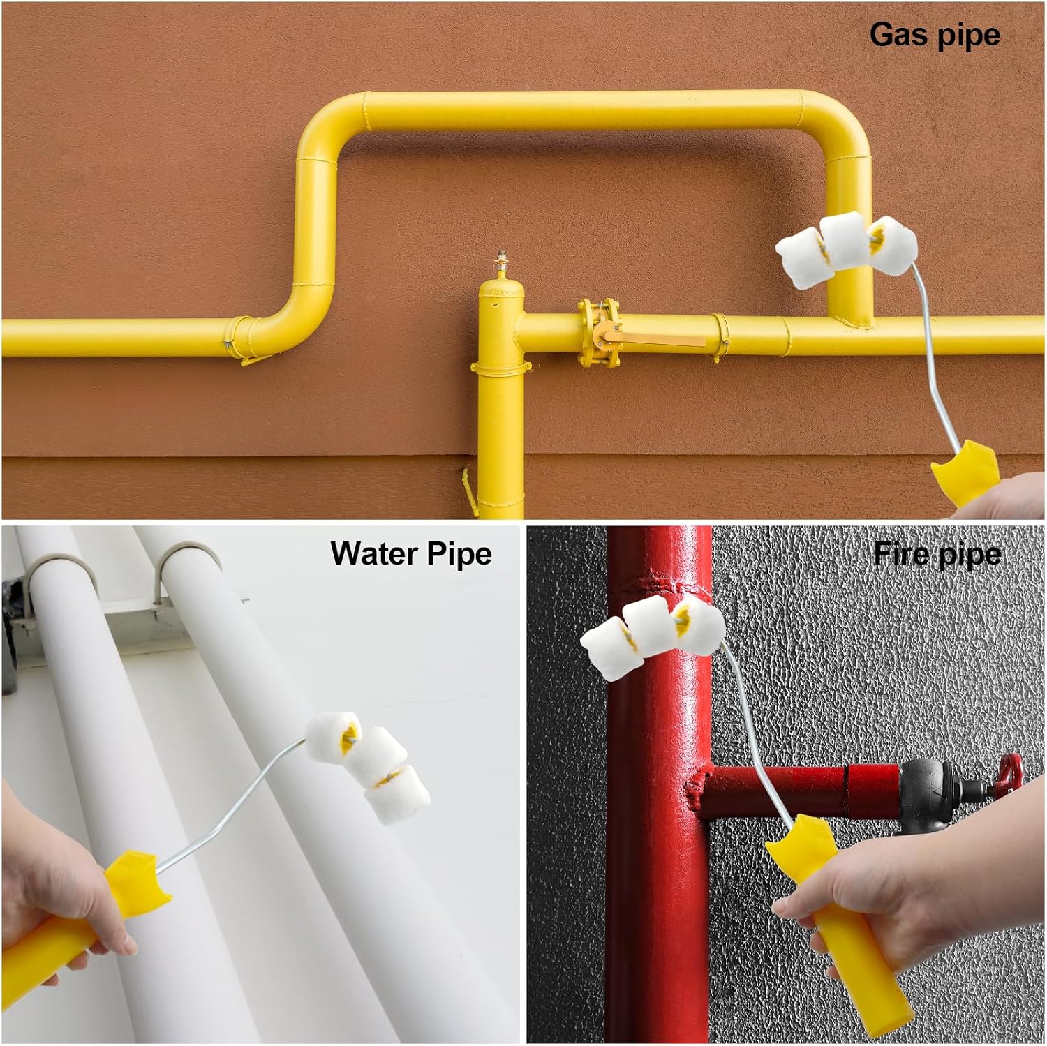 Pipe Paint Roller Set, Handle Kit for Round Gas, Water & Fence Pipes | Pipe paint roller kit with handle for round gas, water & fence pipes, 3 micro & 3 rough rollers, arced surface painting tool