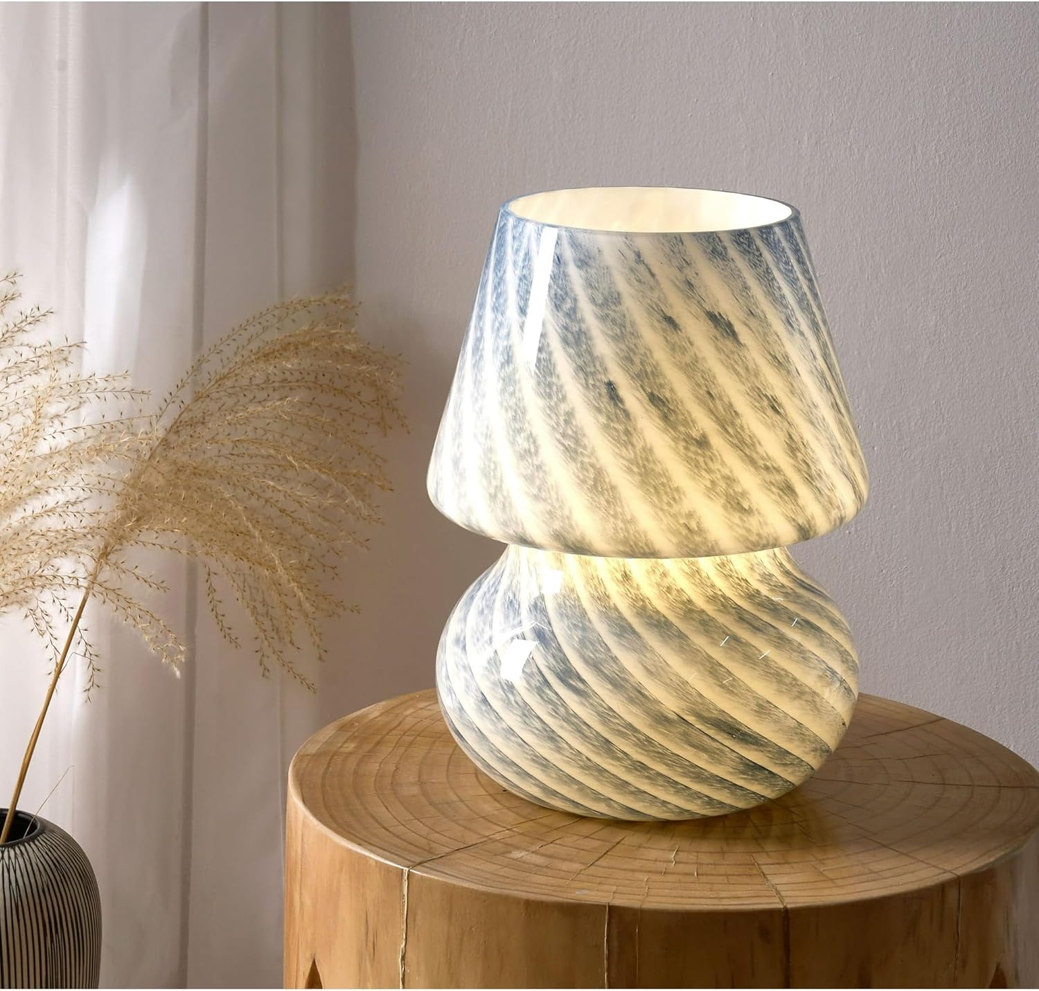 Urban Lifestyle 10" Blue Stripe Glass Mushroom Lamp, Modern Retro Table Lamp for Bedroom, Living Room, or Office Décor