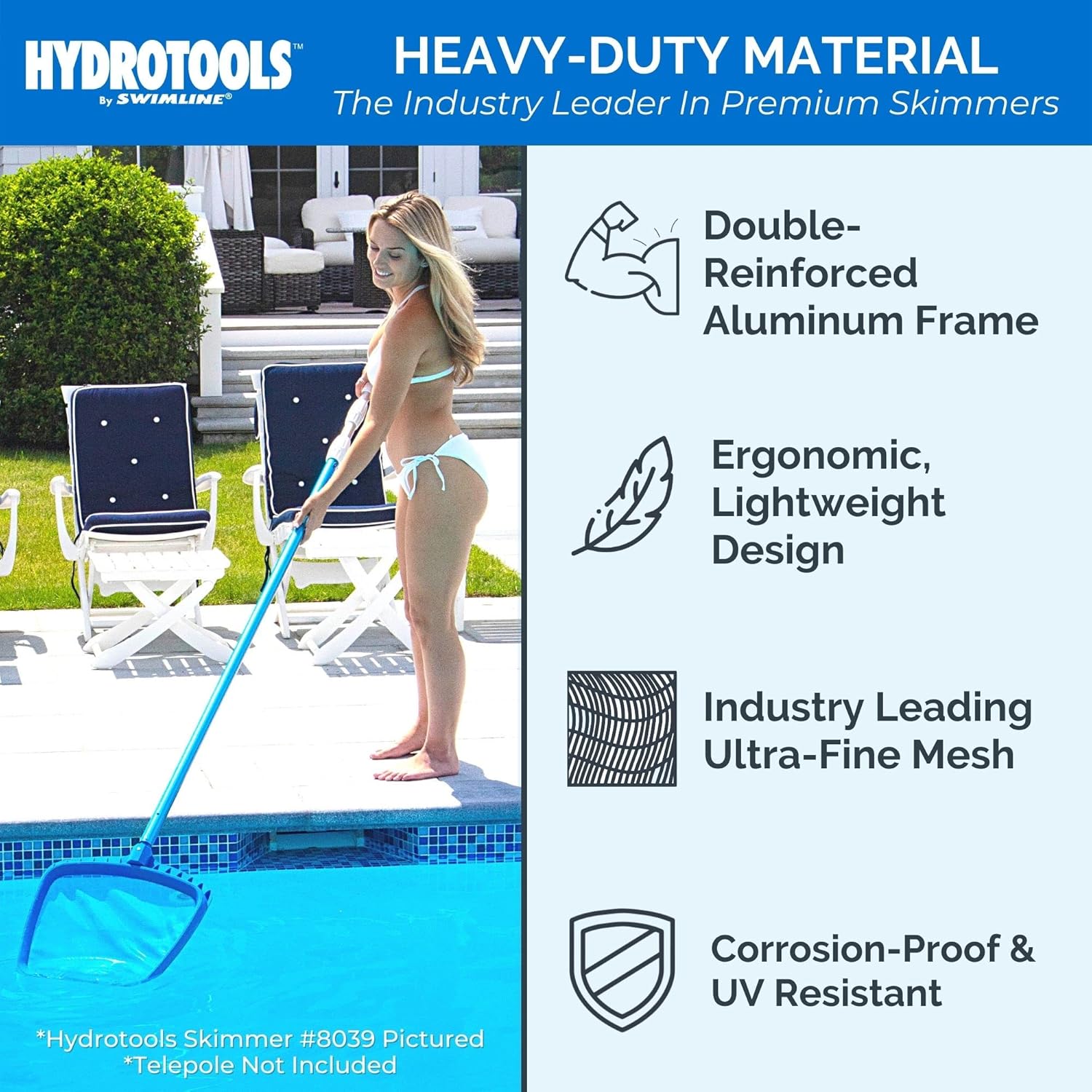 Swimline HYDROTOOLS 8028 Premium Aluminum Leaf Skimmer Net Head Cleaner | For Swimming Pool Spa Fountain Pond Hot Tub | Leaves Bugs Debris Fine Cleaning Maintenance | Heavy Duty Extra Large