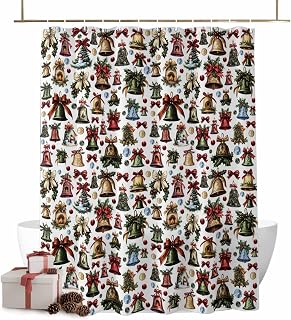 Shower Curtain Christmas Winter Snowman Xmas Tree Waterproof Bathroom Curtains Set with Hooks,Seamless Bells Holly on White Washable Bathtub Curtain for Shower Stall/Hotel Bathtub Decor,36x72in