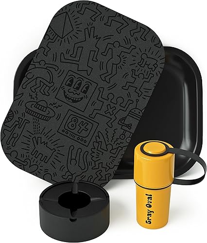 Juego de bandejas enrollables negras con tapa magnética de 7 x 5 pulgadas, accesorios para fumar por Gray Oval