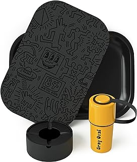 Black Rolling Tray Set with Magnetic Lid 7"x5" - Smoking Accessories by Gray Oval