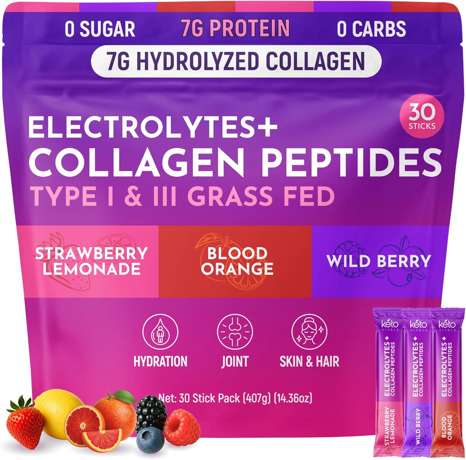 Keto Vitals Collagen Powder for Women Plus Electrolytes - 30 Travel Packets - 7.78G of Type I & III Grass Fed Hydrolyzed Collagen Peptides Protein Per Stick - Colageno Hidrolizado for Women