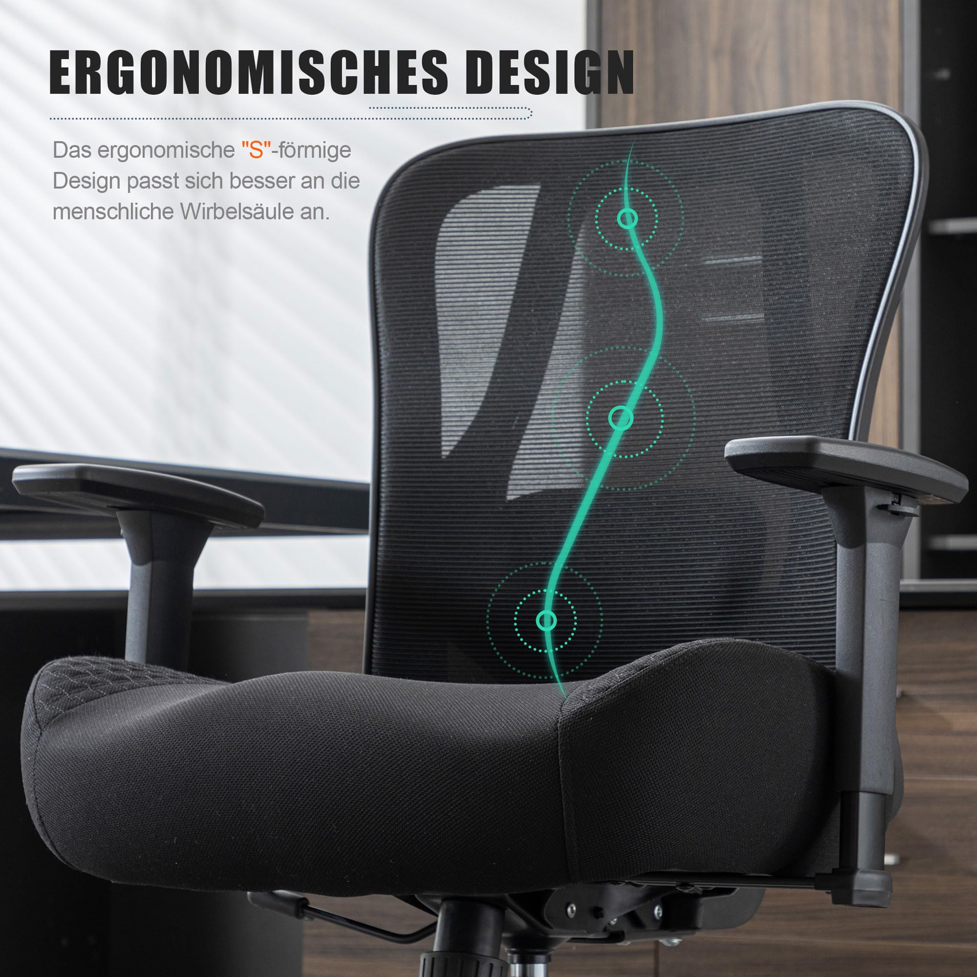 UEV Bürostuhl Ergonomisch bis 230KG, Wippfunktion, 73 x 69 x 93 cm, Schwarz | Schreibtischstuhl mit Armlehnen, höhenverstellbarer Arbeitsstuhl, Drehstuhl mit Netzbespannung, atmungsaktiv Stoff