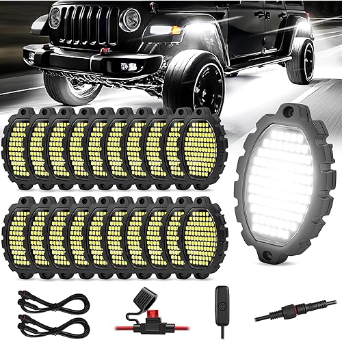 20 Pods Metal Aluminum White Rock Lights with Switch Wiring Harness,1860LEDs Super Bright Underglow Light Waterproof Led Lights for Trucks Jeep Off Road ATV UTV SUV,Plug and Play,Easy to Install