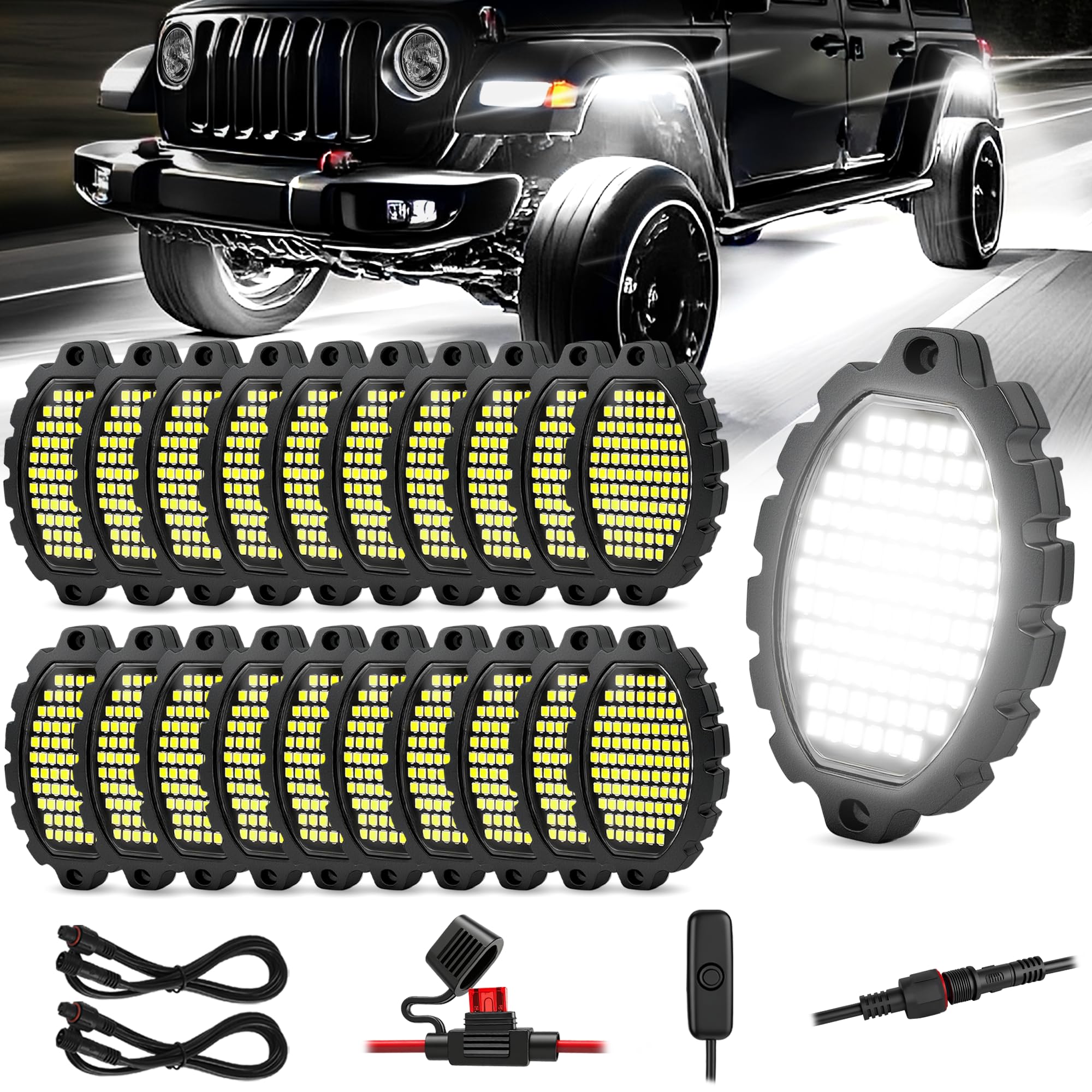 20 Pods 1860LEDs Metal White Rock Lights with Switch Wiring Harness
