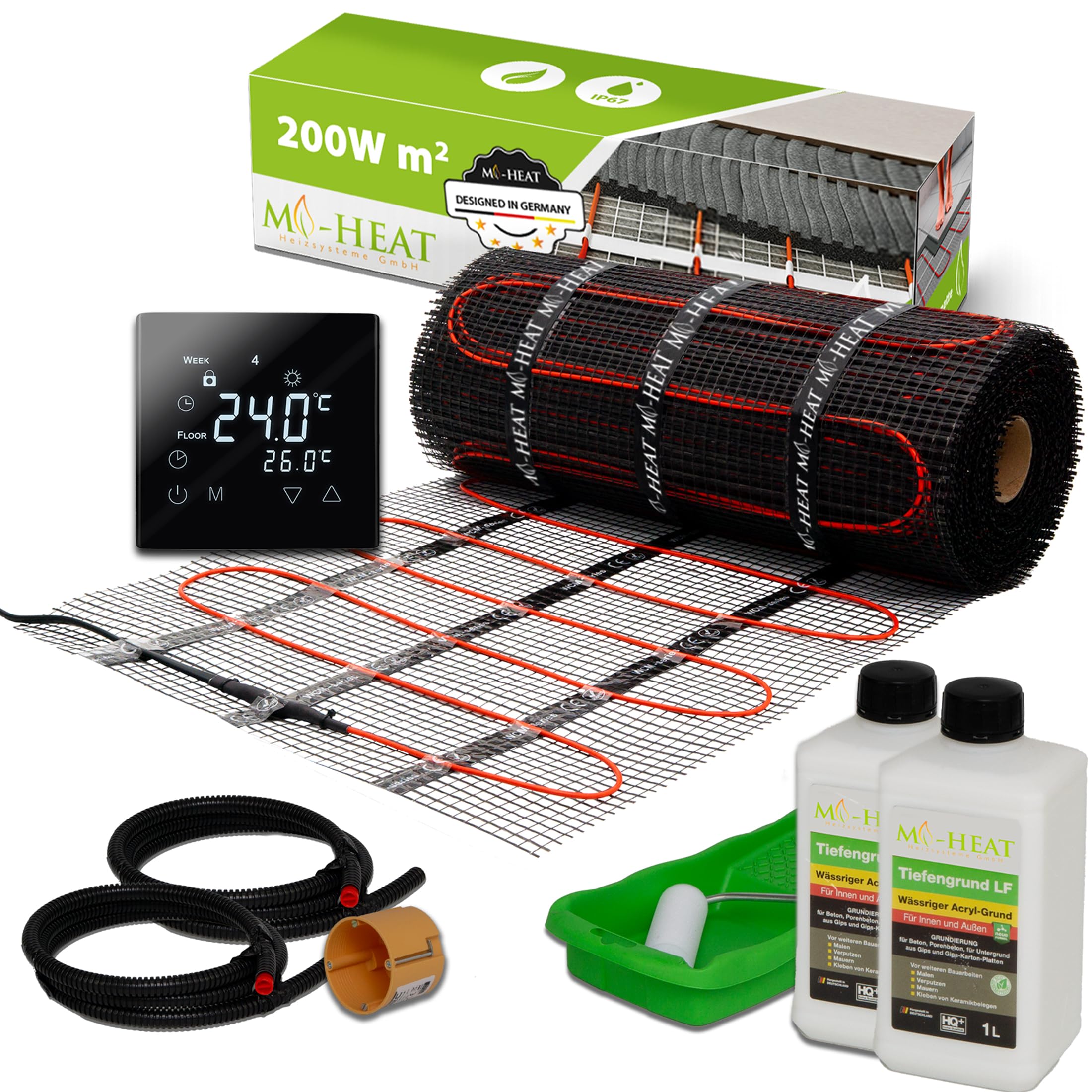 Mi-Heat Elektrische Fußbodenheizung 200W/m² 12,0m² Set - Bodenheizung elektrisch einfache Verlegung Renovierung Installation & Bau - mit Thermostat C17 digital schwarz