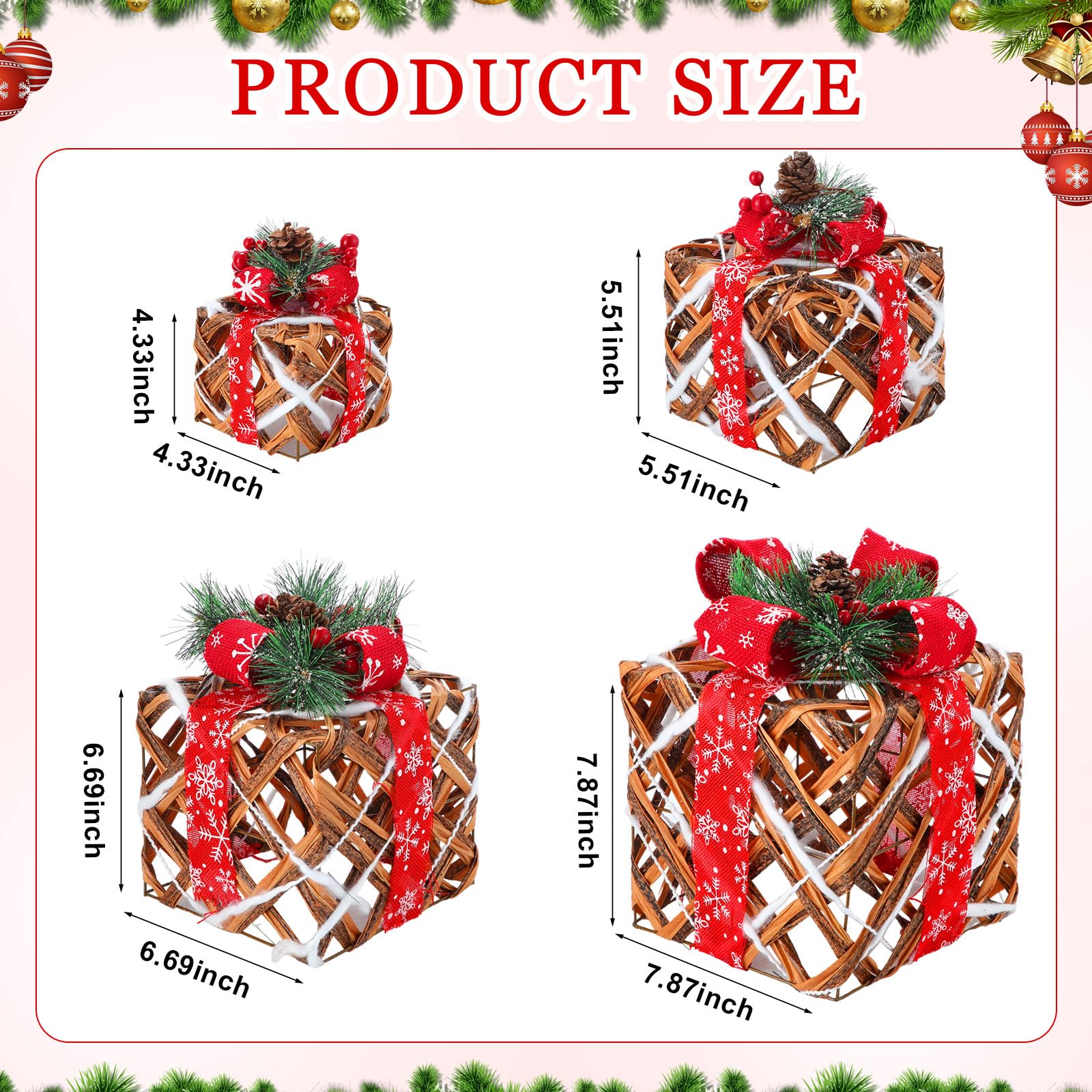 Yunlly 4 scatole regalo natalizie illuminate, decorazioni da 5 m, con luci a LED che si illuminano sotto l'albero di Natale, scatole regalo con fiocchi di nastro di pino, per interni ed esterni, feste
