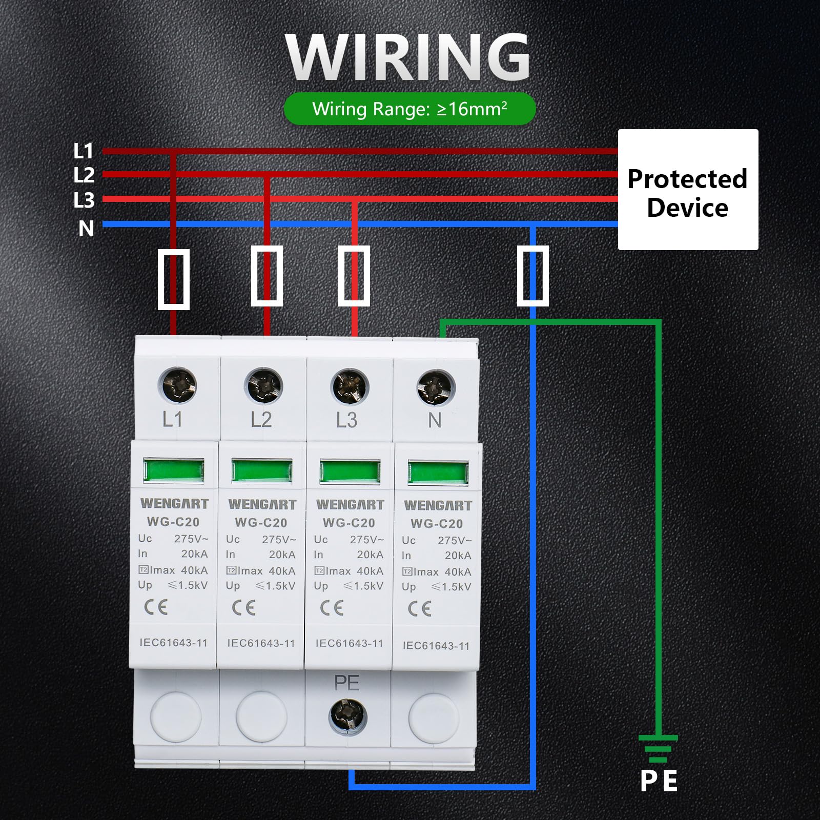 Wengart WG-C20 Dispositivo di protezione contro le sovratensioni 4P 20-40KA AC275V SPD Montaggio su guida DIN