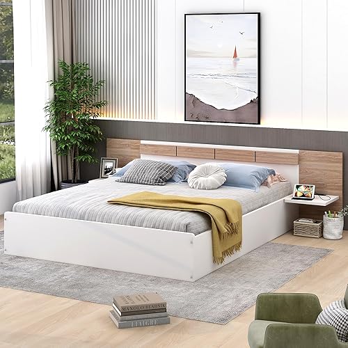 Miniatura 143 de Cama de plataforma de tamaño Queen con cabecero y cajones, marco de cama de plataforma de madera maciza con estantes, puertos USB y enchufes, marco