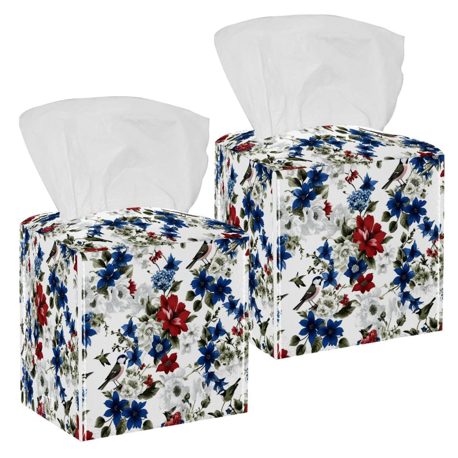 Aesthetic Flower Tissue Box Cover, 2 Pack PU Leather Square Facial Tissue Dispenser Box holder for Home Office Car