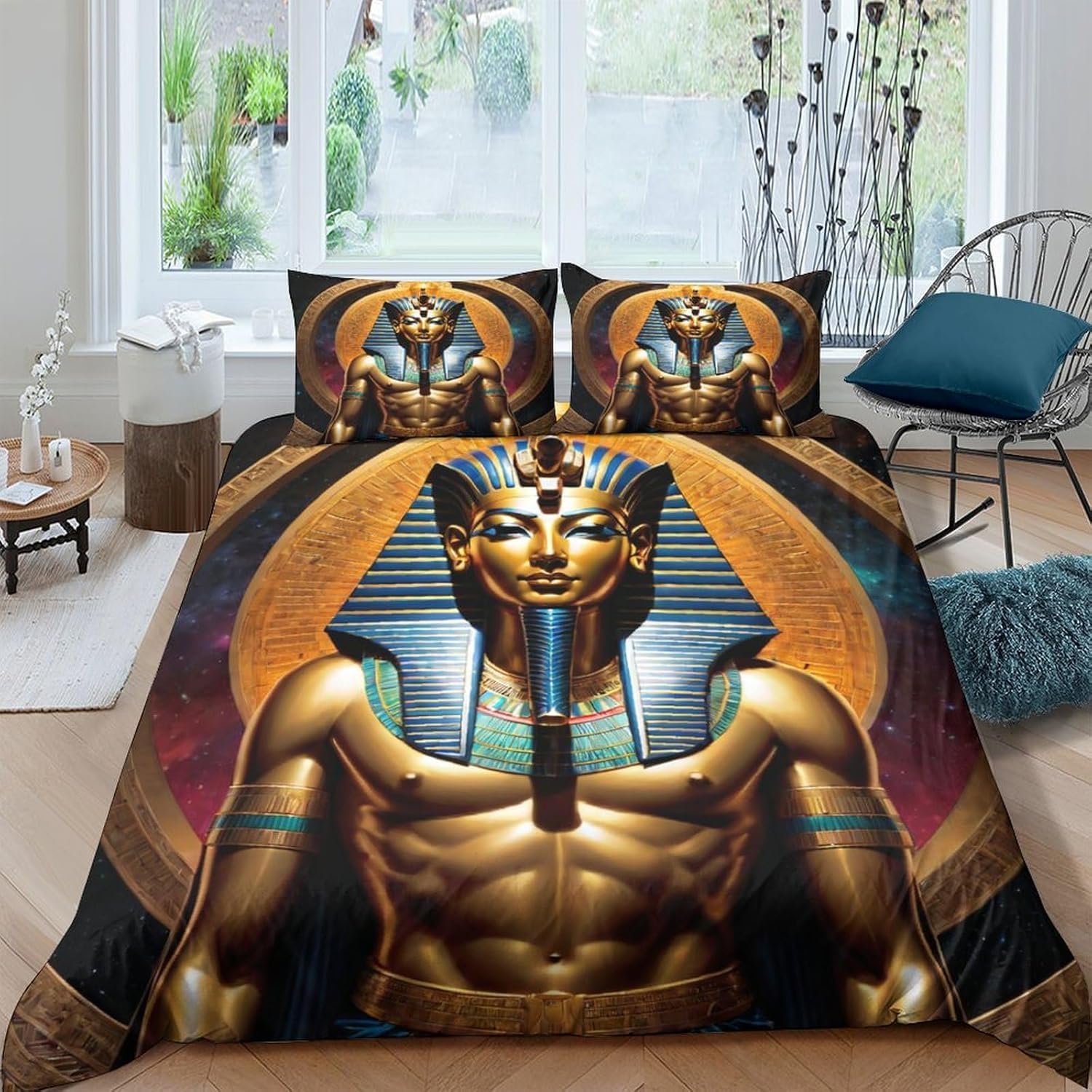 Housse de couette Pharaon égyptien en microfibre lit 2 personnes avec 2 taies d'oreillers 65x65 cm