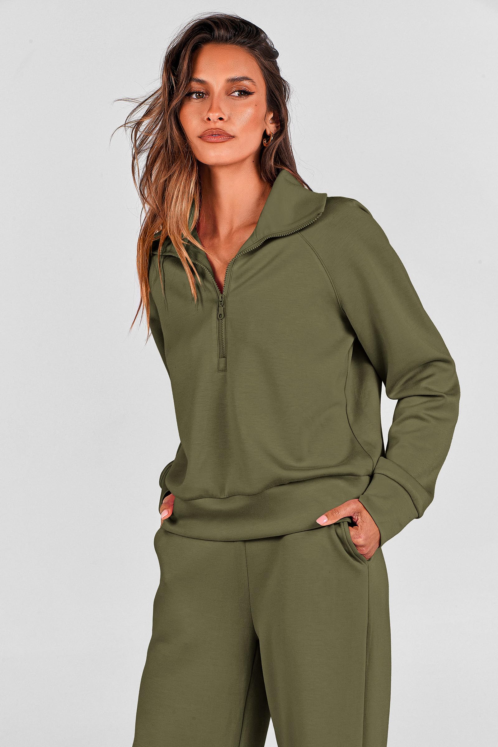 PRETTYGARDEN Women's 2 Piece Outfits Casual Lapel Half Zip Sweatshirts and Wide Leg Pants Tracksuit Sets — view 3