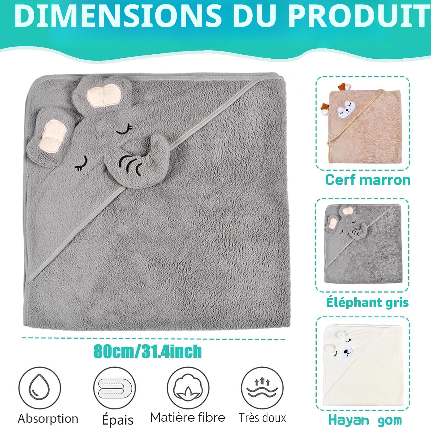 3 Pièces Serviette de Bain Capuche Bébé,Serviette Bebe Naissance,Cape de Bain Bebe,Douces & Absorption Forte,80 x 80cm Peluche De Corail De Haute Qualité
