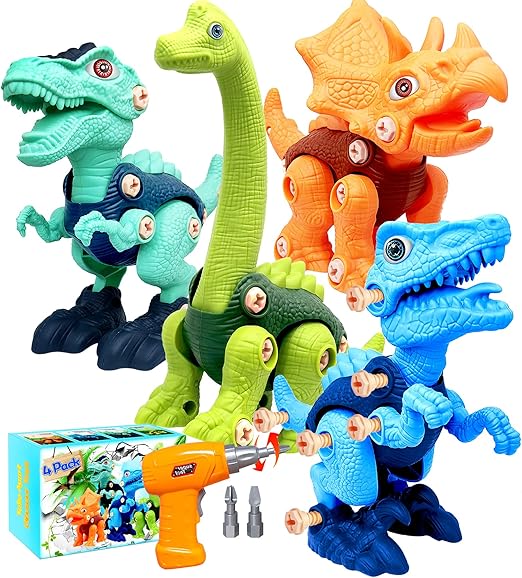Dinosaur Toys for Kids, 4 Pack Take Apart Dinosaur Toys with Electric Drill for 3 4 5 6 7 8Year Old Boys and Girls, STEM Construction Building Play Toy for Christmas Birthday Gifts