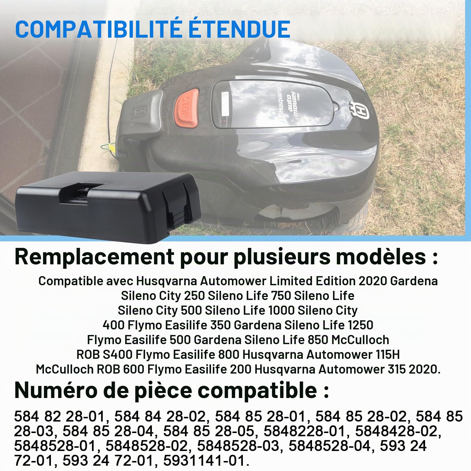 Batterie 18 V compatible avec Husqvarna Automower 115H 2020, 320, 330X, 420, 520, 315X, Gardena Sileno City 250, 750, Gardena Sileno City 500, 1000, 400, Sileno City 2019, 3000 mAh