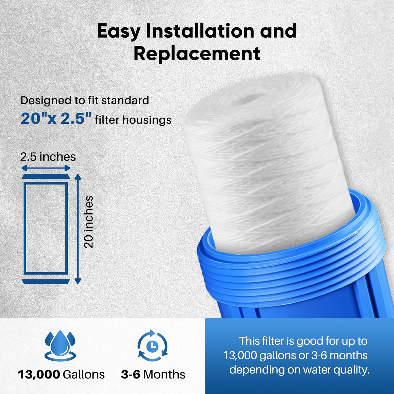 PUREPLUS 5 Micron 2.5" x 20" Whole House String Wound Sediment Filter for Well Water, Replacement Cartridge for Aqua Pure AP110-2C, Pentek P1-20/SP-P1-20/PX01-20, Watts FPMB5-20, WPP-F20-5, 6Pack - Image 6