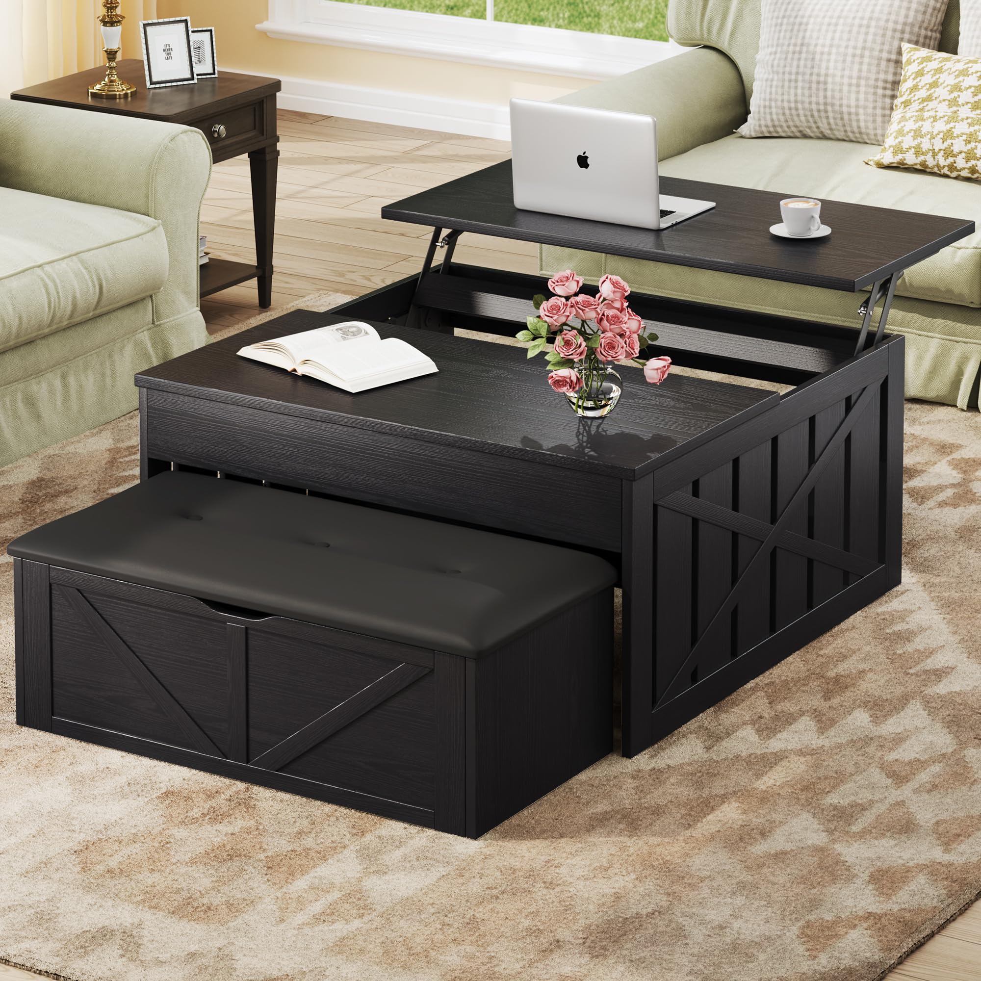 HUAHUU Coffee Table, 31.5 Lift Top Coffee Tables with Storage Hidden Compartment, Farmhouse Coffee Tables with Ottoman Bench, Center Table with Wooden