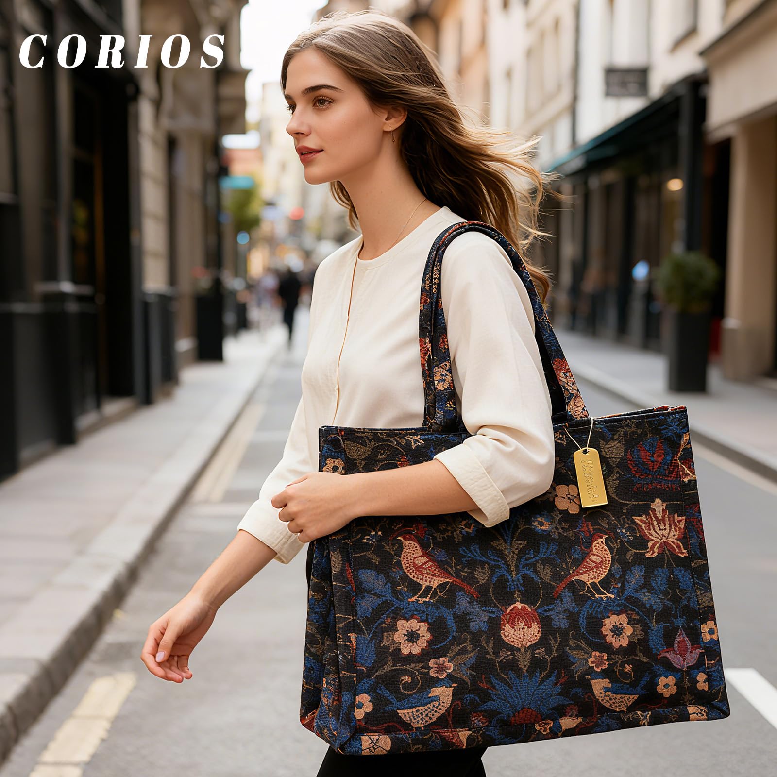 CORIOS Maletín Bolso para Ordenador Portátil con Motivos Étnicos Estampados para Mujer Bolso de Hombro para Estilo Boho Bolsa de Mano Tote de Lona para Vacaciones Viajes Citas Negro
