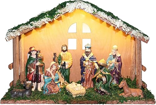 PALZIK Juego de Belén de Navidad iluminado, juegos de Belén para Navidad en interiores con establo de madera, juego de belén de Navidad y figuras