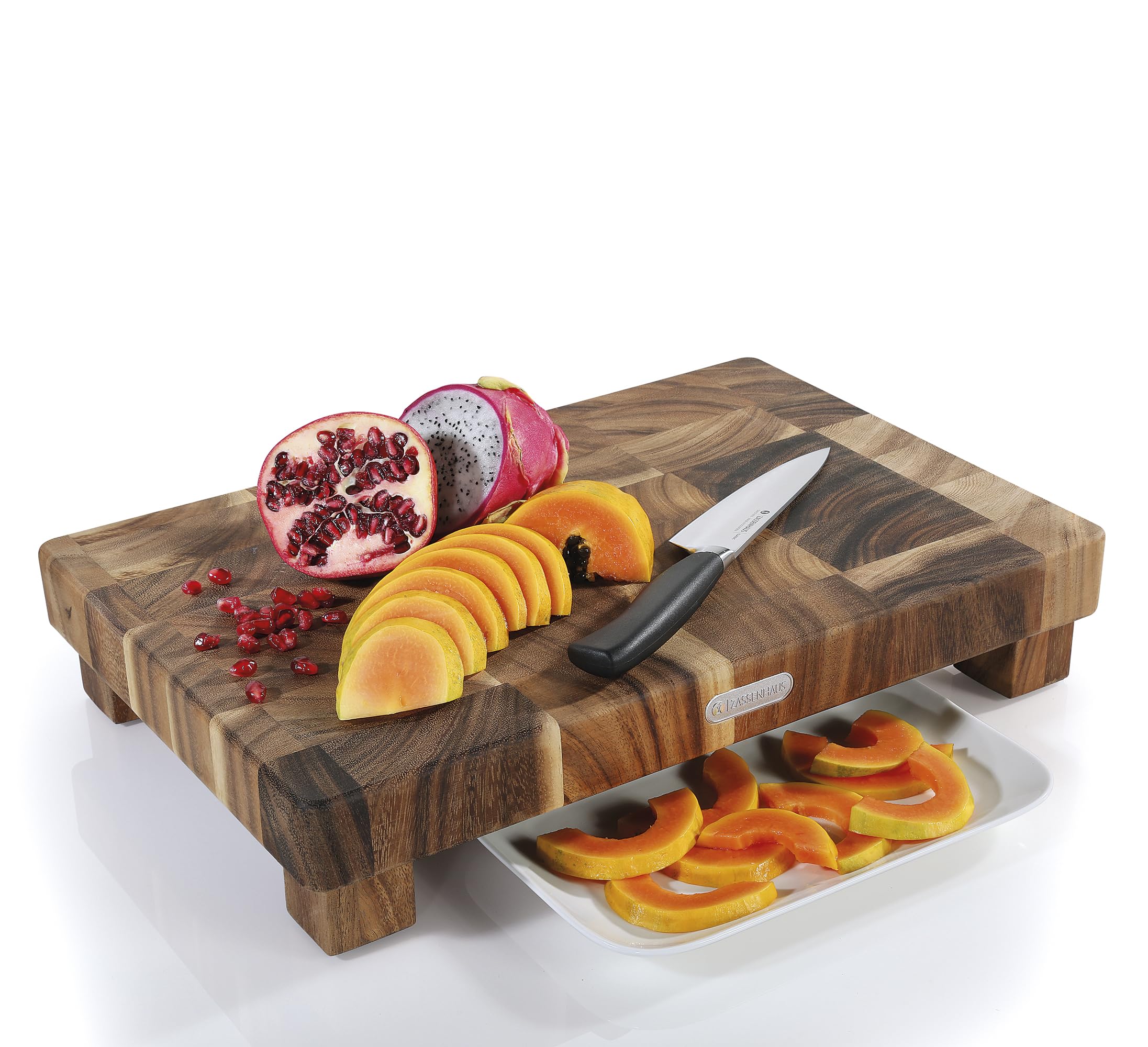 Zassenhaus Hackblock Stirnholz, 45×30×8,5 cm, Akazienholz, rutschfeste Füße | Schneidblock aus Stirnholz, messerfreundlich, für Fleisch, Gemüse und Brot, pflegeleicht, nachhaltig, langlebig