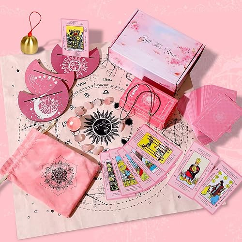 Miniatura 5 de Myripoly Juego de cartas de tarot rosa para principiantes, cartas de tarot clásicas con significados en ellos, kit de brujería de tarot de 17