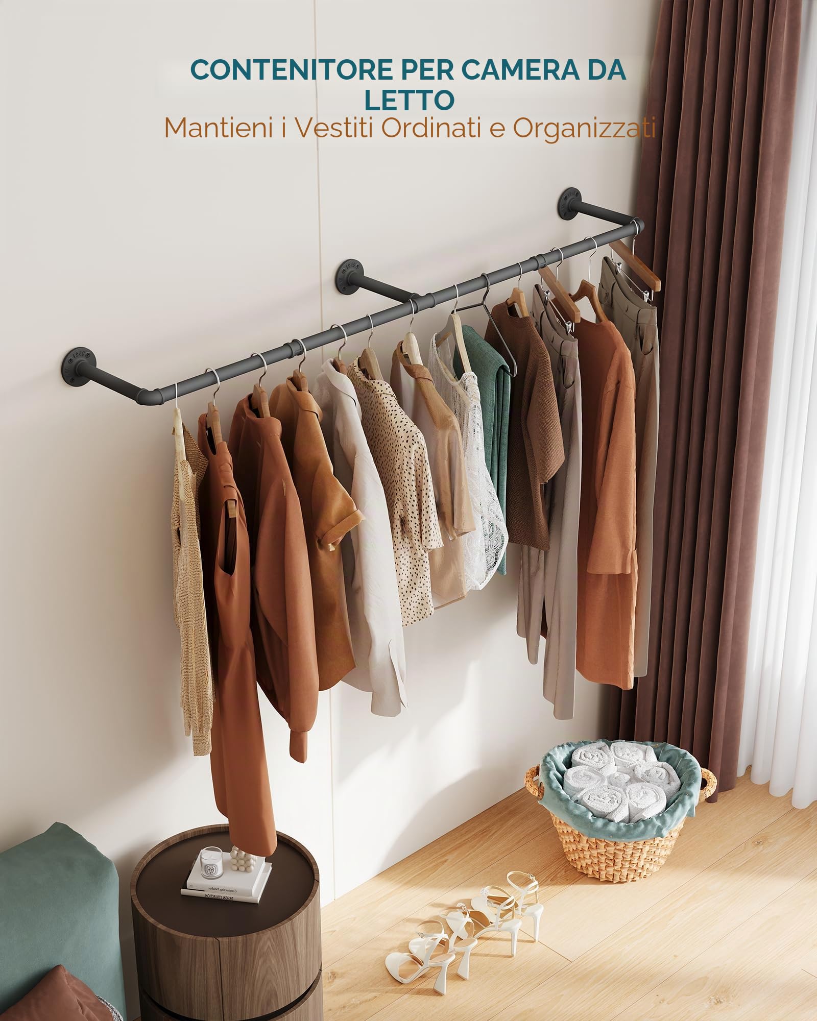 OROPY Set di 2 Penderia per Abiti Industriale, Barra di Metallo Retrò Rimovibile da 167 cm a Parete per Appendere i Vestiti, Penderia Robusta per lo Stoccaggio in Camera da Letto, Nero (3 Basi)