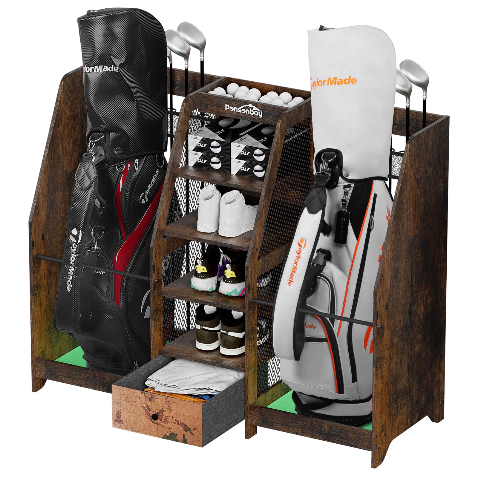 Golf Bag Storage Organizer for Garage Premium Wooden 2 Golf Bags Rack with Drawer Easy Assemble Golf Club