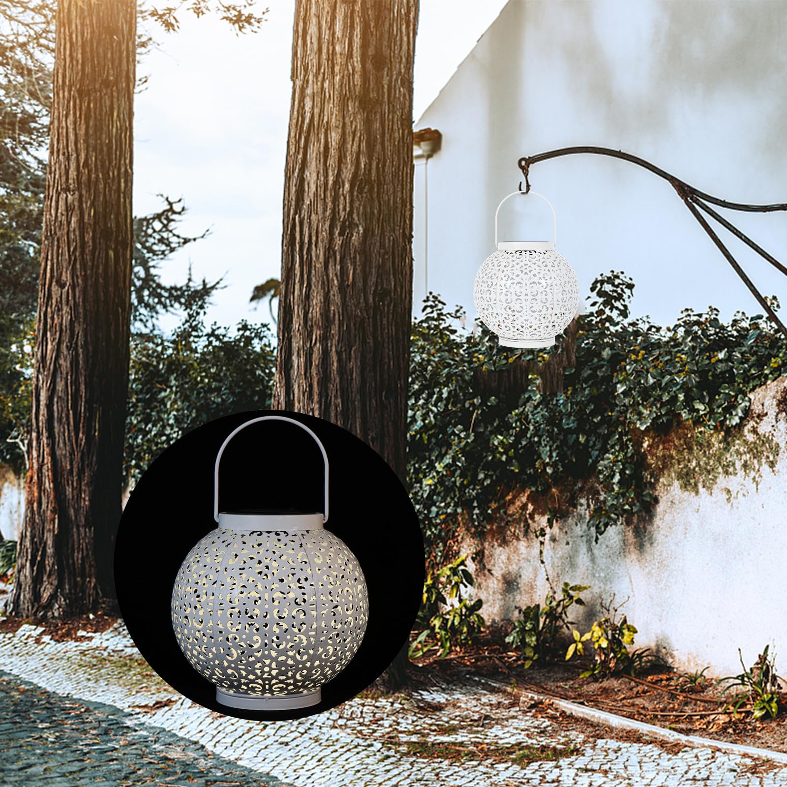 INOOMP Lanterna Solare a LED in Ferro Battuto Luce Sospesa, Lampada da Giardino Decorativa per Esterni, Illuminazione Solare da Giardino per Patio, Portico e Cortile