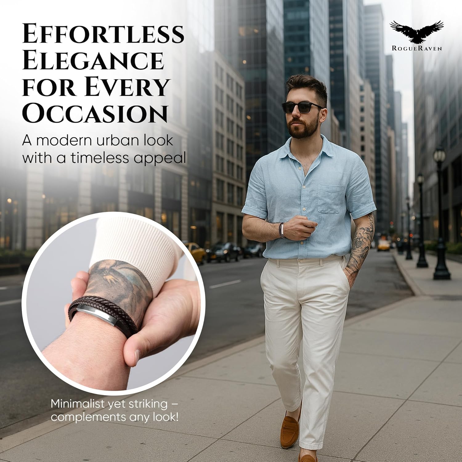 RogueRaven Black Leather Bracelet for Men – Premium Collection – Brown Black Gold Silver | Genuine Leather Mens Bracelet with Stainless Steel Clasp [Adjustable] | In Luxury Gift Box - Image 2