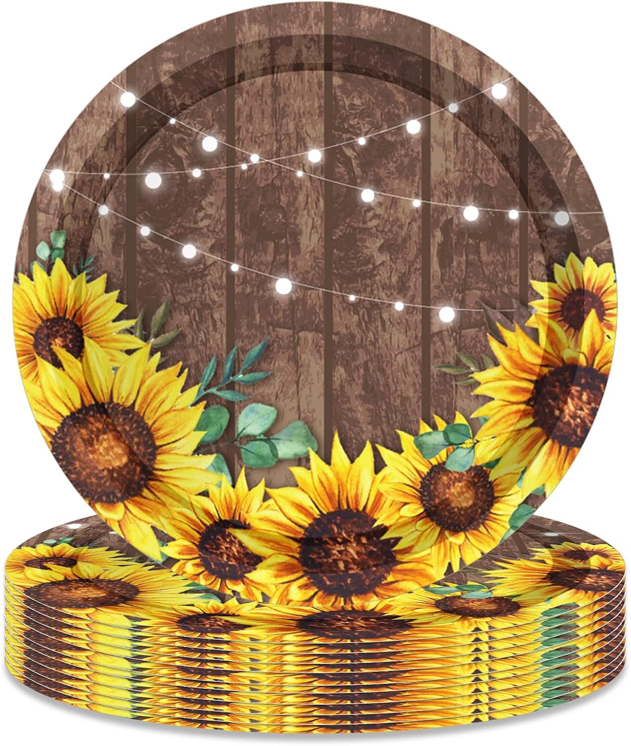 9" Wood Grain Sunflower Dessert Paper Plates Warm Sunmmer