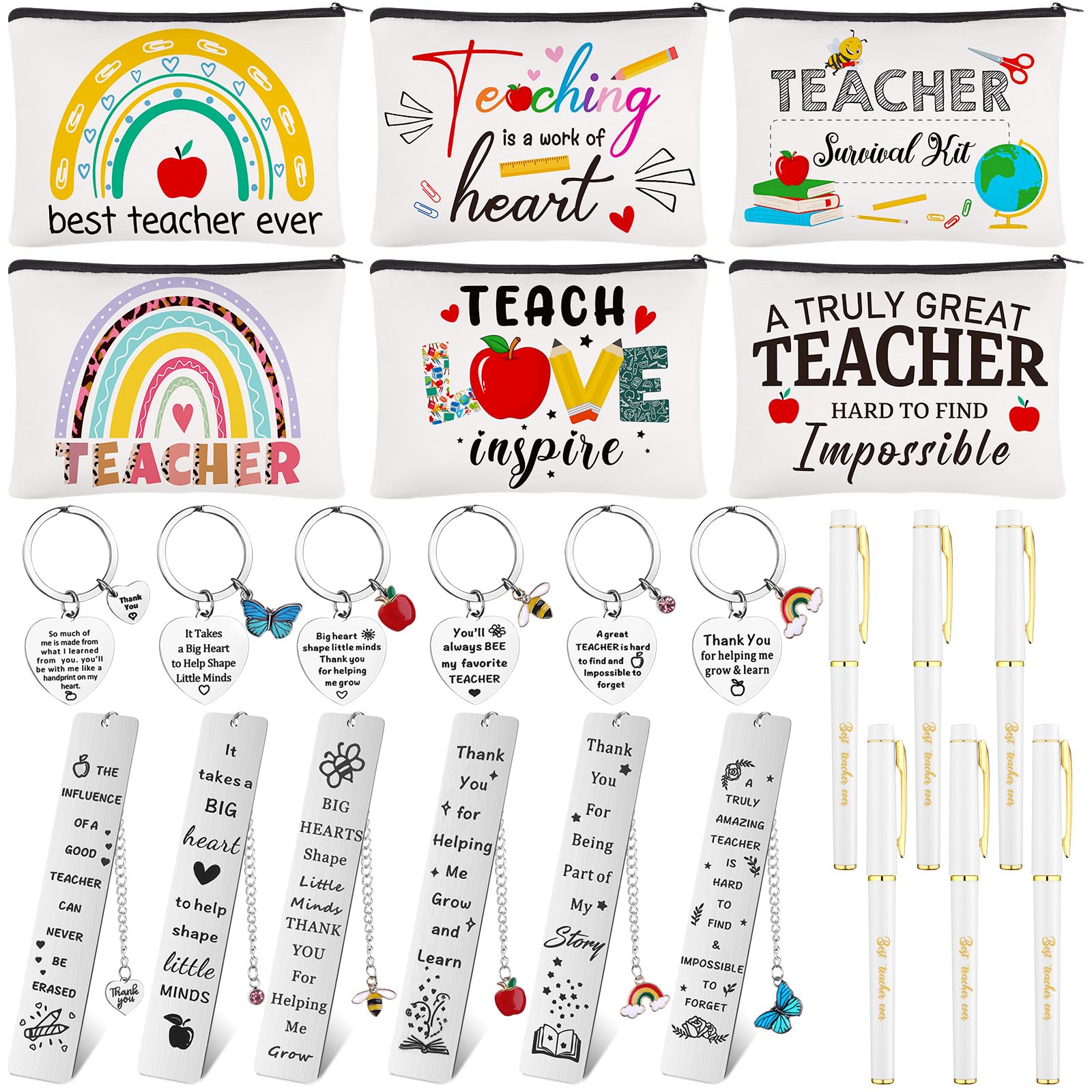 ULELE 6Sets Teacher Appreciation Gift Teacher Multifunctional Makeup Bag Teacher Canvas Pencil Bag with Teacher's Day Keychain