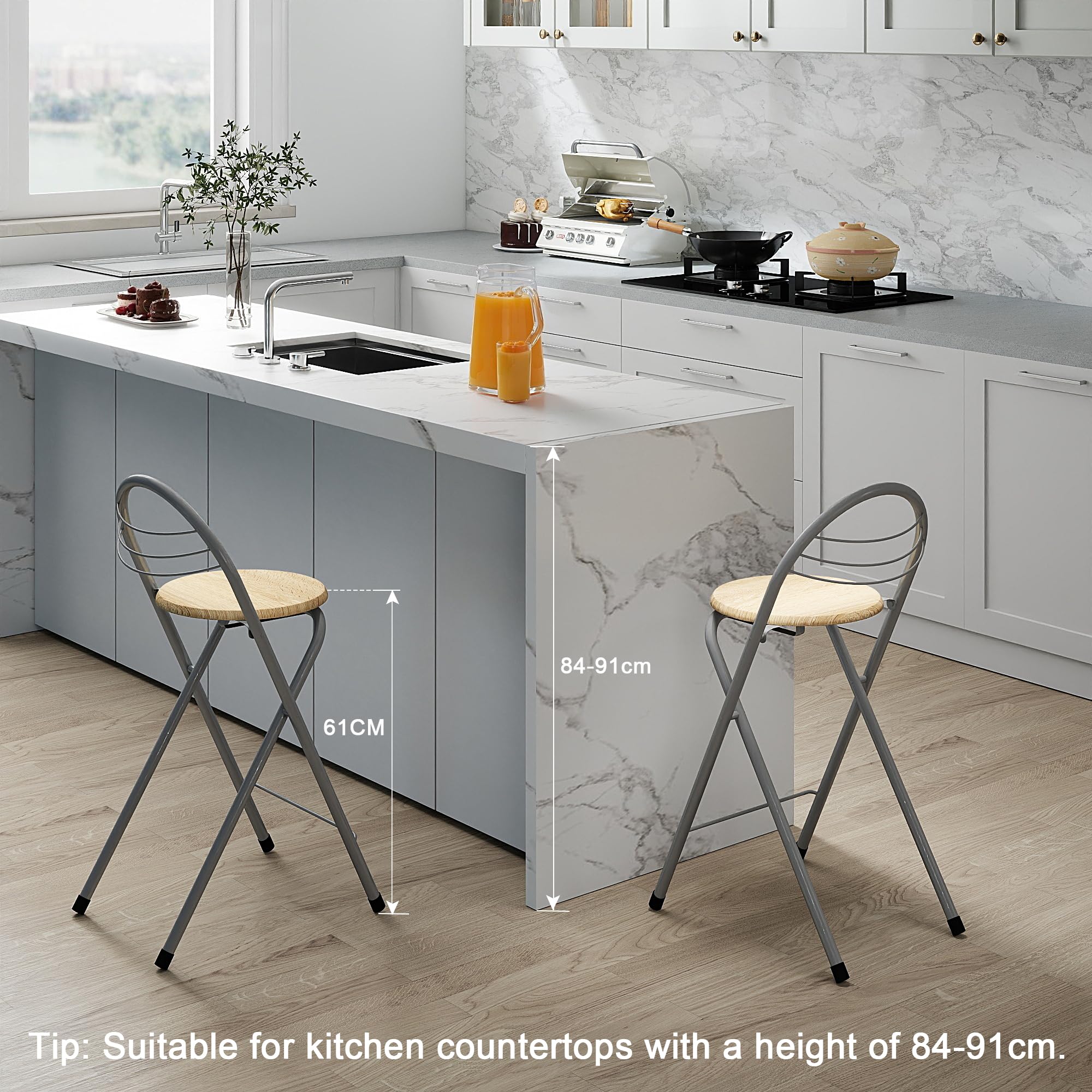 Tabourets Bar Pliants Lot de 2,sans Assemblage,Tabourets de Bar d'Extérieur Portables pour Cuisines,Bistrots,Evènements Extérieurs, Hauteur Assise 61cm(Grain de Chêne et Argent)