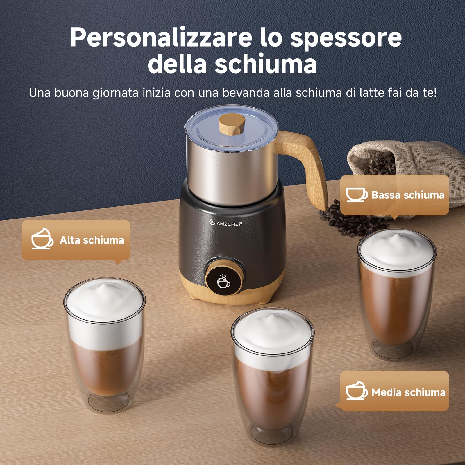 AMZCHEF Montalatte Elettrico 600 ml – 8-in-1 Latte Caldo e Freddo, Schiuma Dens o Ariosa, Latte di Mandorla/Soia, per Cappuccino, Cioccolata Calda, Alimenti per Bambini – 550 W