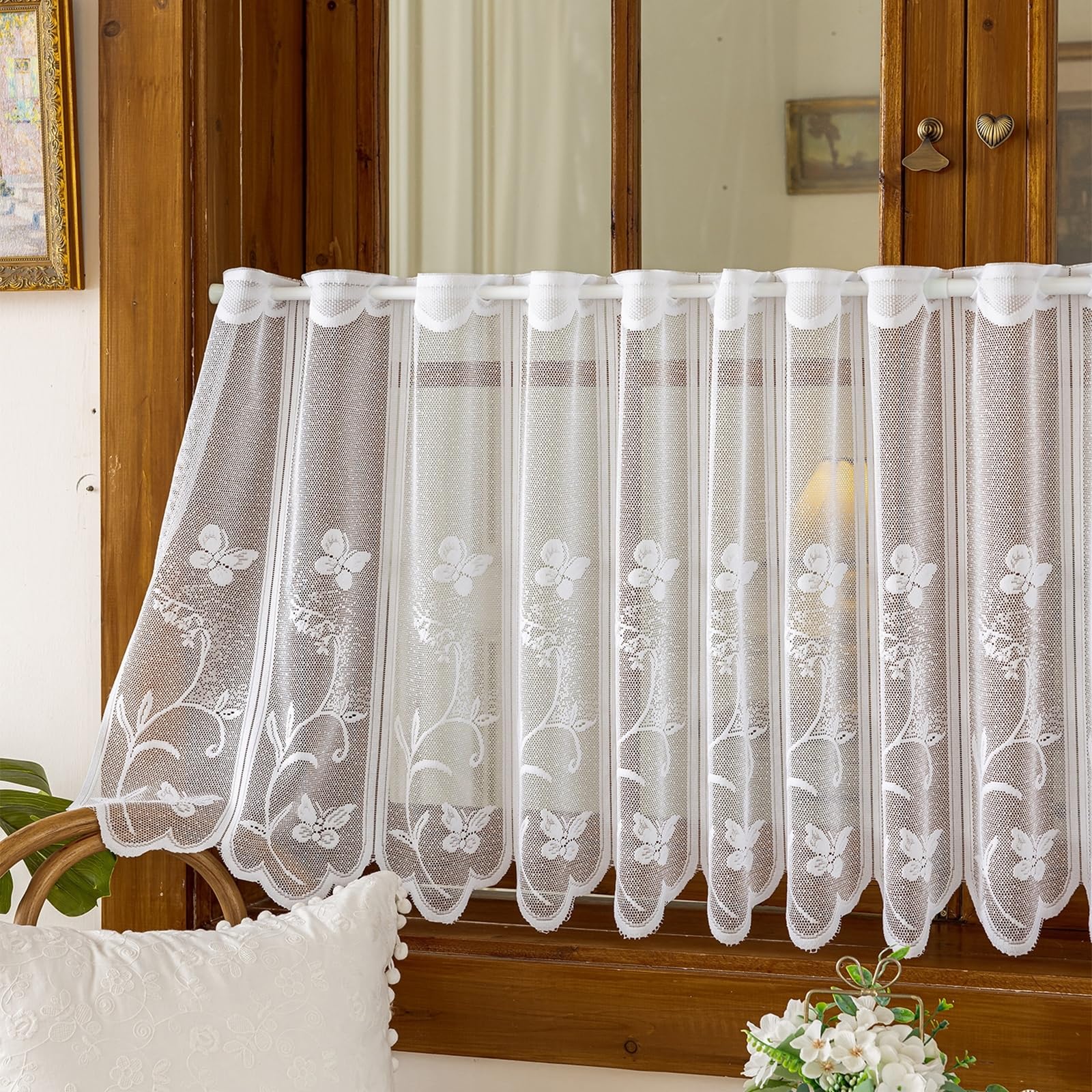 1er Pack Halbtransparent Besticke Weiß Blumen Schmetterling Scheibengardine Küchen Vorhang Tür Gardine HxB 60x180cm