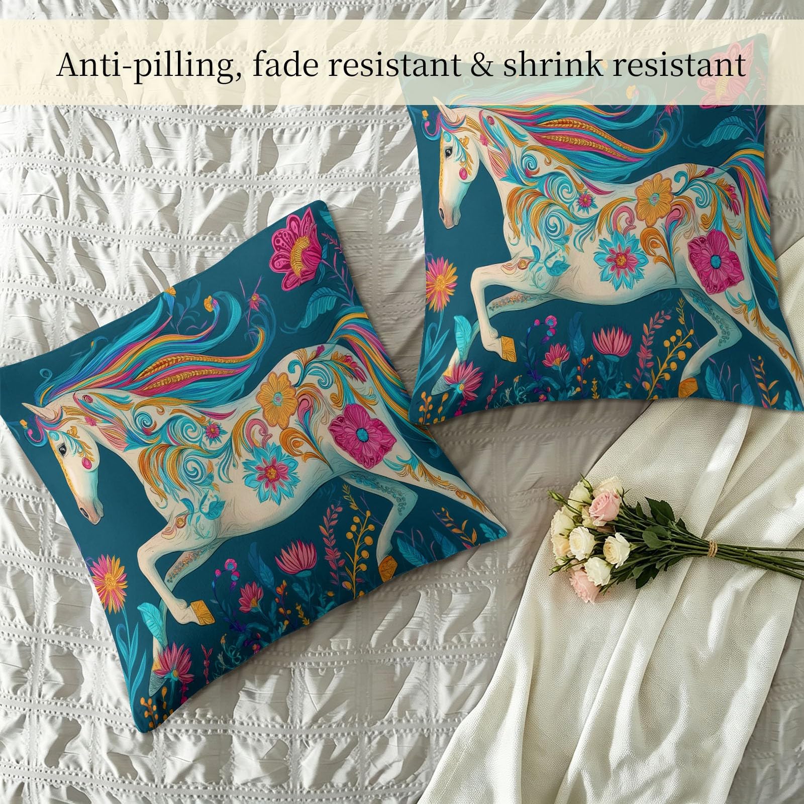 Bettdecke ohne Bezug 135x200 cm Blau Volkskunst Stil Antiallergisch Leichtsteppbett & Ganzjahresdecke - Waschbar mit 2 Kissenbezügen Blumendekoration Weißes Pferd Weiche und Atmungsaktive Wende