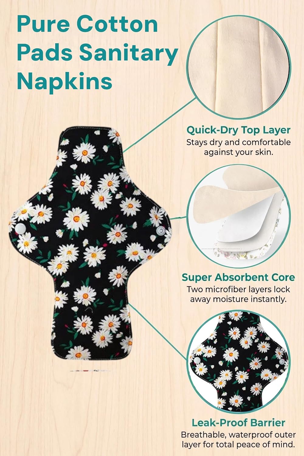 Washable Menstrual Pads,Reusable Incontinence Pads,Panty Liners Pads,Period Pads Sanitary Napkins,with 1 Storage Bag,for Women Postpartum/Incontinence Patients(Cotton Pink flower/S/6pcs)