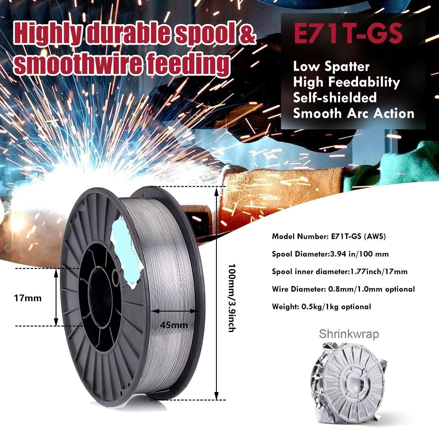 Filo for saldatura, filo Mig con nucleo senza gas da 0,047/0,035/0,030" (1,2/1,0/0,8 mm), perfetto for la saldatura di progetti in acciaio zincato, inossidabile e dolce(0.8mm 1kg 4 Pcs)