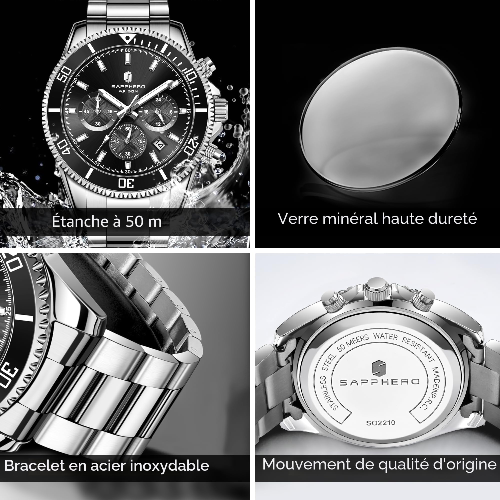 SAPPHERO Montre Homme en Acier Inoxydable Chronographe 50M Etanche Montres Analogique Quartz Date Classique Luxe Mode Montres Cadeau Élégant pour Hommes