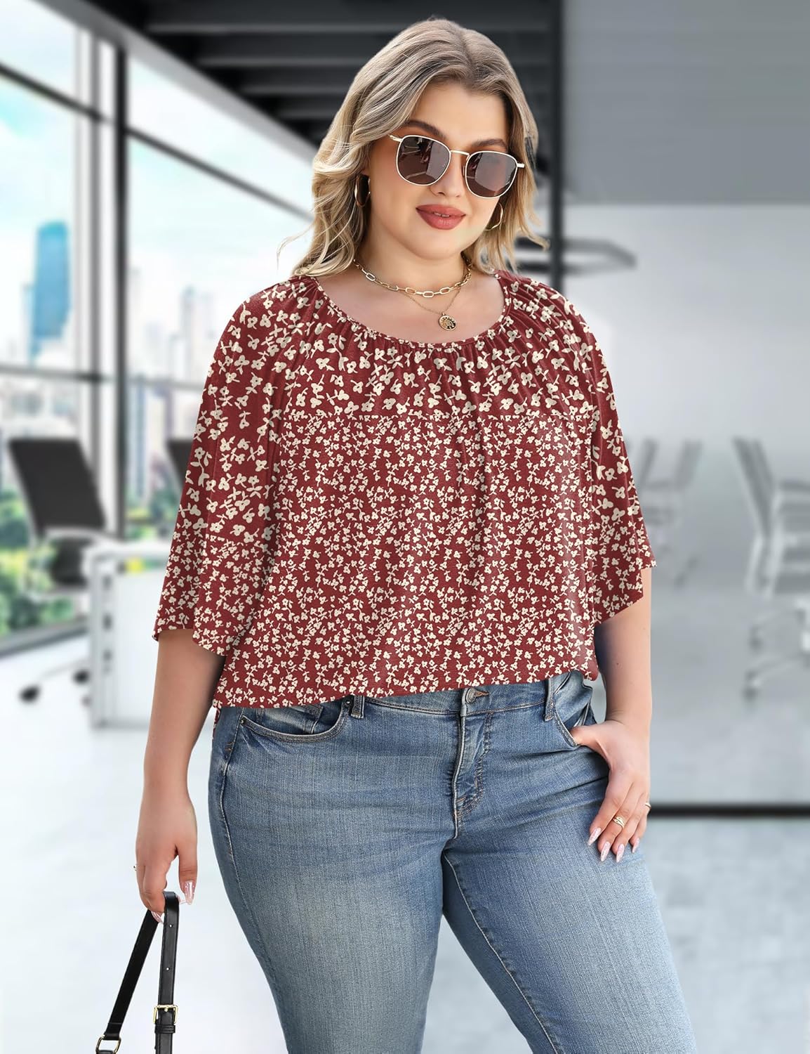 LOMON Womens Plus Size Tops Summer 3/4 Length Sleeve Crewneck Blouses Dressy Casual Loose Curvy Flowy Tunic Shirts 1X-5X - Image 3