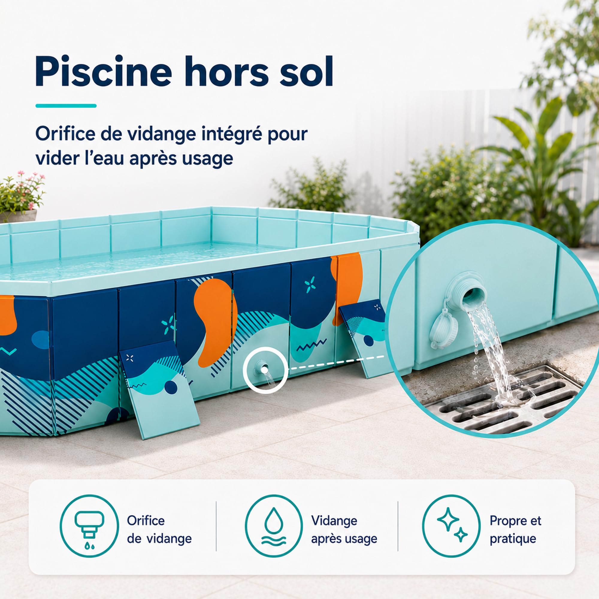 Piscina Pieghevole Fuori Terra, Rigida, Non Gonfiabile, Rettangolare | Piscina rigida pieghevole con scarico, senza gonfiaggio e facile da riporre.(1.6m(5.2ft))