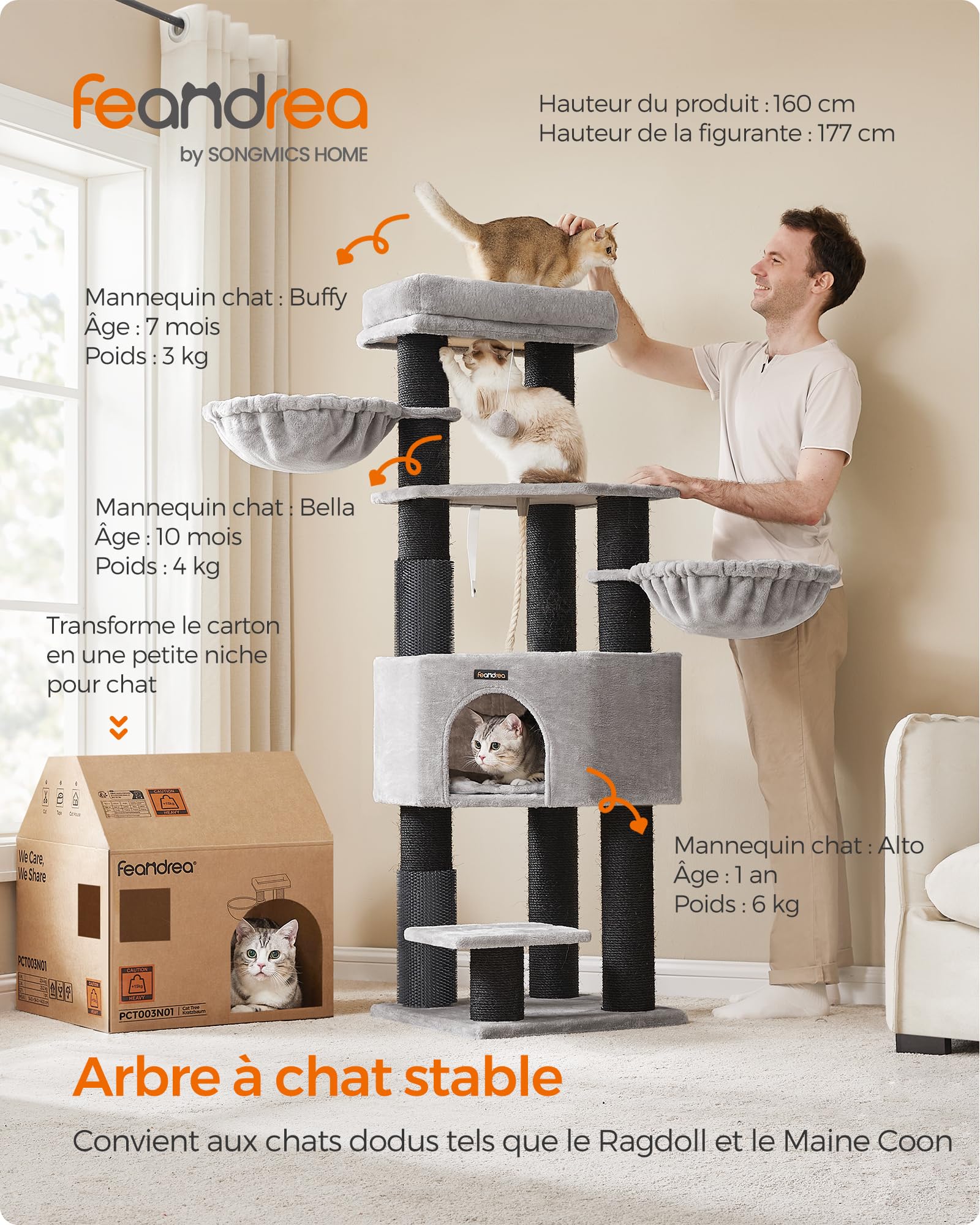 Feandrea Arbre à Chat Grand et Stable, Auto-toiletteurs, Poteaux à Griffer, Niche, Hamacs, Plateformes, Corde en Sisal, 50 x 50 x 160 cm, Gris Tourterelle et Noir PCT003W01