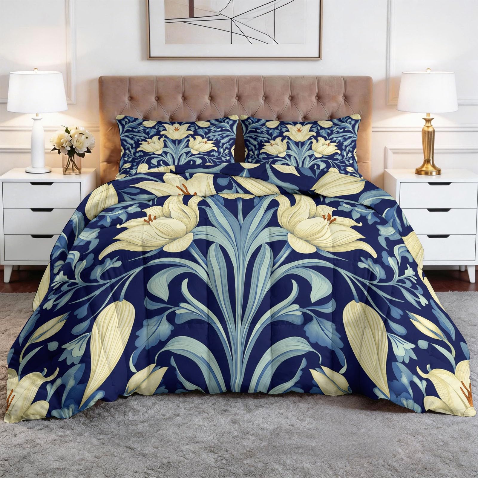Abstrait Floral Tulipe Couette Couvre-Lit 240x260 cm, Traditionnel Vintage Courtepointe Réversible pour Enfants Filles Garçons Adolescents - Conditionné Courtepointe Édredon Douce et Respirante