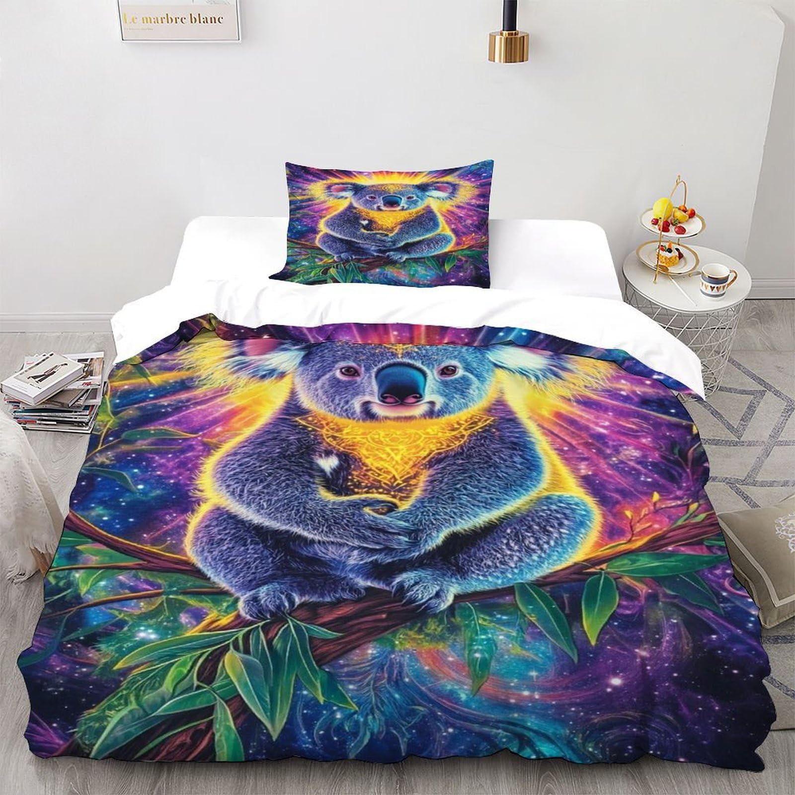 Koala Galaxy Bedding Set 3D Digital Printing Animal Theme Duvet Cover Set Chic Breathable Comforter Cover Girl Woman with Pillow Single（135x200cm）