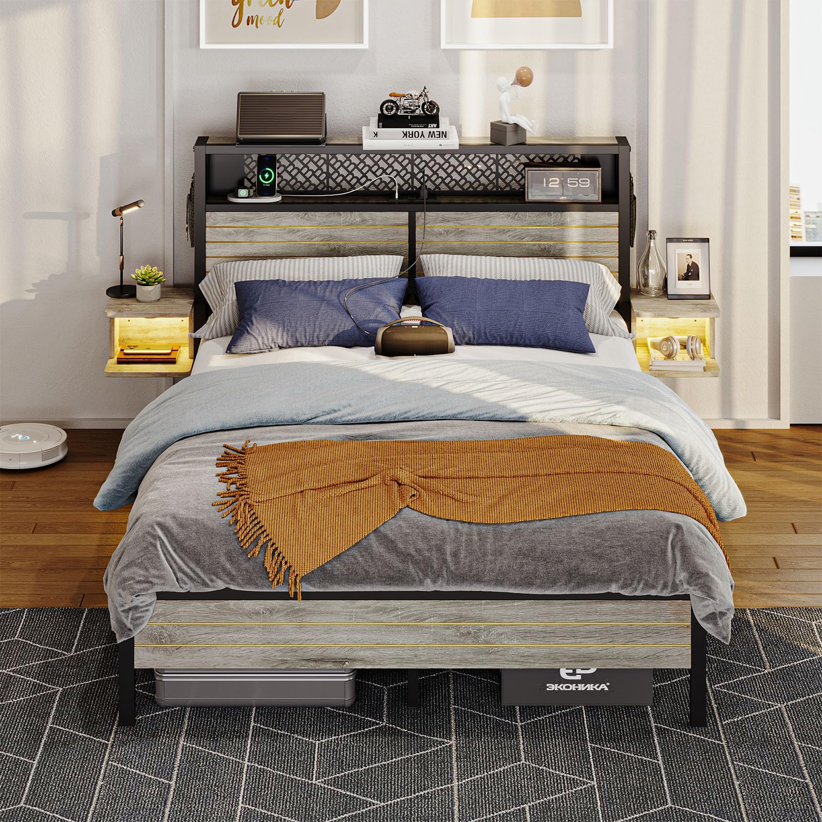 Bestier Bed Frame with Horizontal Golden Stripe Storage Headboard&LED Nightstands, Metal P — coming up at the AmazeDeals auction in Kitchener