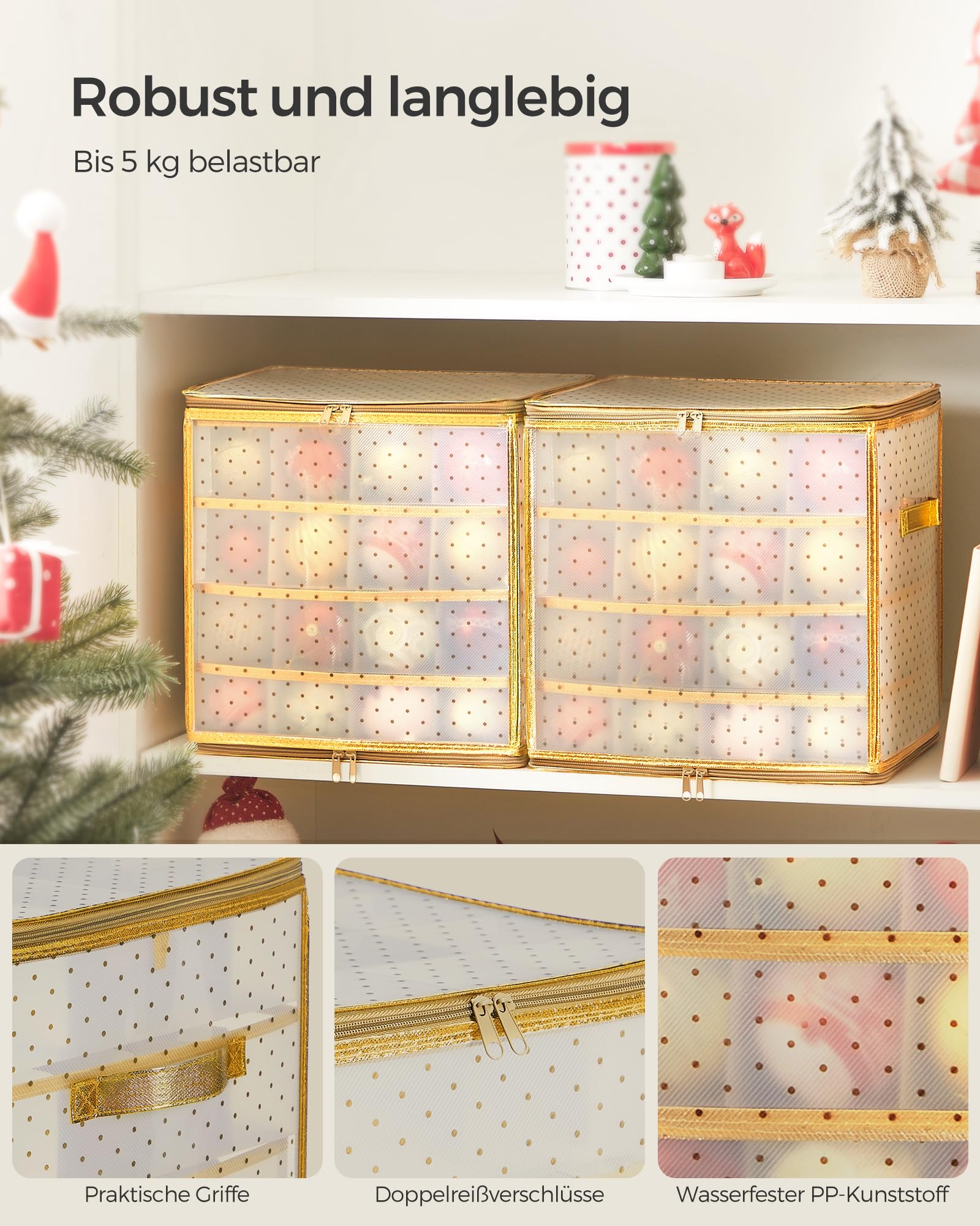 SONGMICS Aufbewahrungsbox für Weihnachtskugeln, Weihnachtskugeln Aufbewahrung, 64 Fächer je 7,6 cm, herausnehmbare Tabletts, 33,5 x 33,5 x 34 cm, sandiges Gold RFB029A03