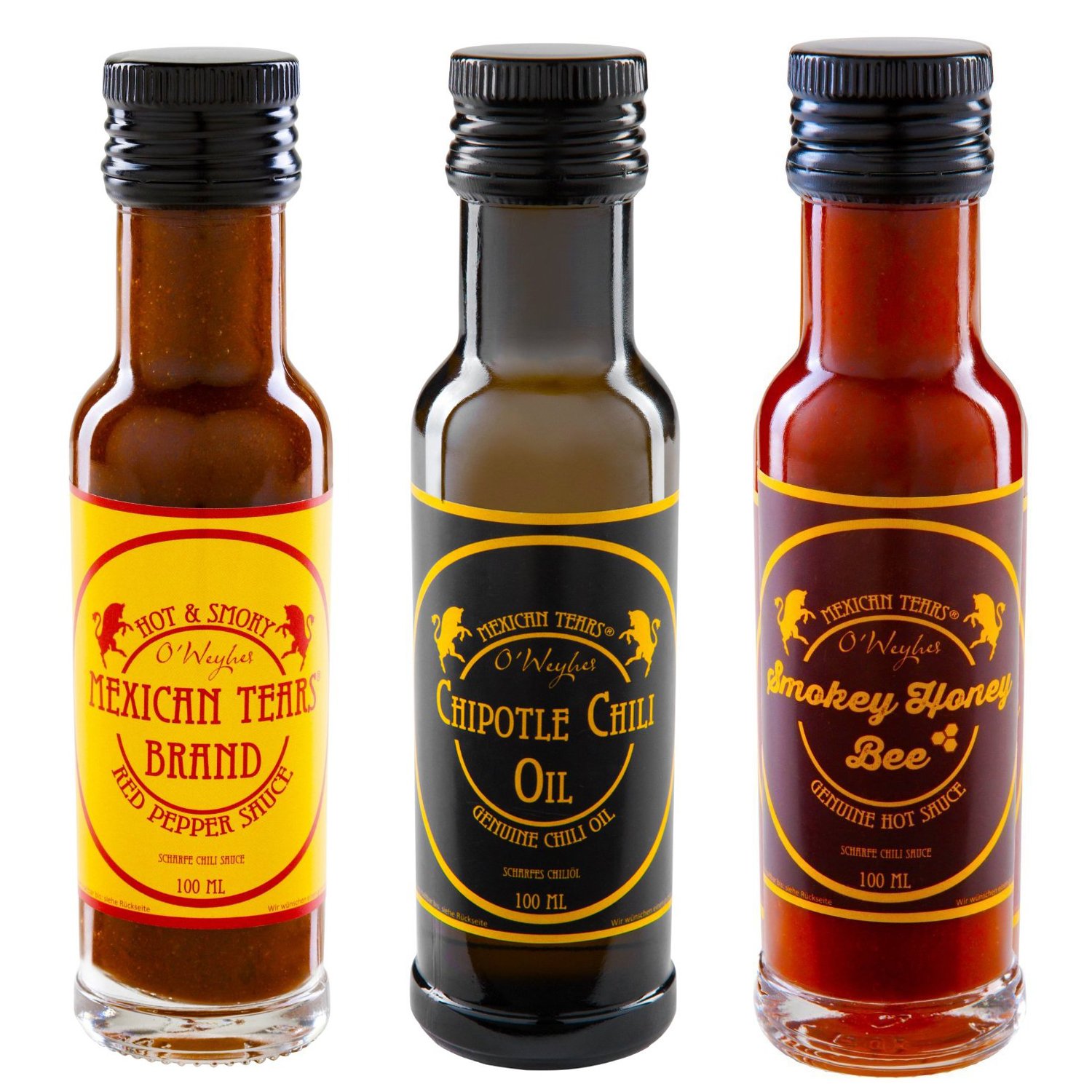 Mexican Tears® - 3 Pack, Hot Chili Sauce & Chili Oil Gift Set Made with Chipotles (Smoked jalapeño Chili), Fleur de Sel (Premium sea Salt), Sunflower Oil with Honey Vinegar [3x100ml Chilli Sauce]